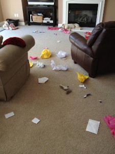 Family room filled with sleeping puppy and torn up wrapping paper