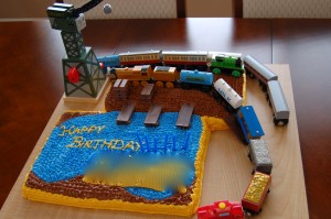 Thomas Train cake -- DIY loading dock with toy trains