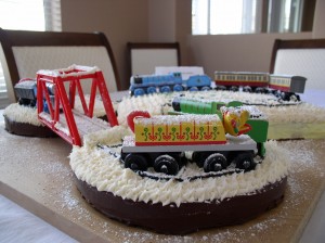 DIY Thomas Train snowy winter cake with toy trains