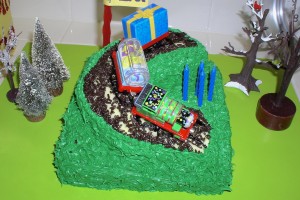 DIY Thomas Train hill cake with toy trains