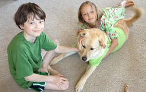 little boy and girl in pajamas with yellow dog in green shirt